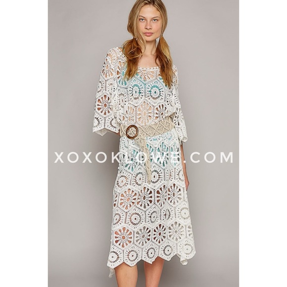 POL Off White Cotton Crochet Half Sleeve Relaxed Fit A Line Dress - Picture 4 of 11